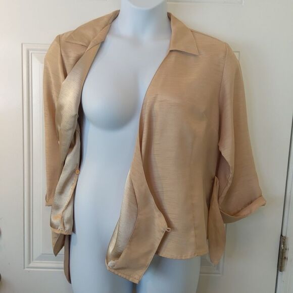 Selene Sport tan 3/4 cuff sleeve wrap front blouse - Picture 9 of 12